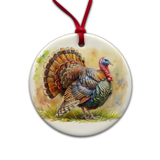 Tom Gobbler Male Turkey Watercolor Round Ceramic Holiday Christmas Tree Ornament