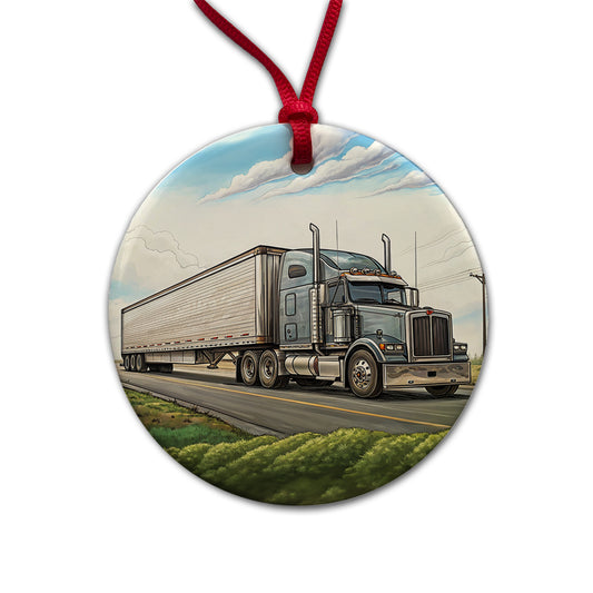 Tractor Trailer Semi Big Rig Truck Round Ceramic Holiday Christmas Tree Ornament