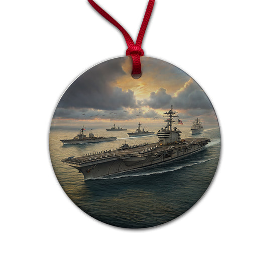 US Navy Carrier Strike Group At Sea Illustration Round Ceramic Holiday Christmas Tree Ornament