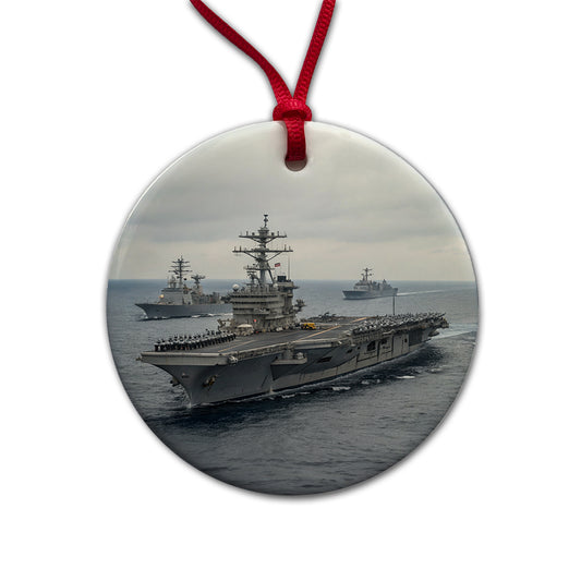 US Navy Carrier Strike Group Escorts At Sea Round Ceramic Holiday Christmas Tree Ornament
