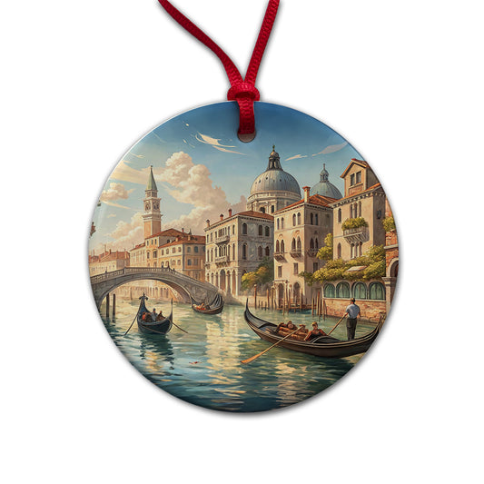 Venice Italy Canal Gondolas Round Ceramic Holiday Christmas Tree Ornament