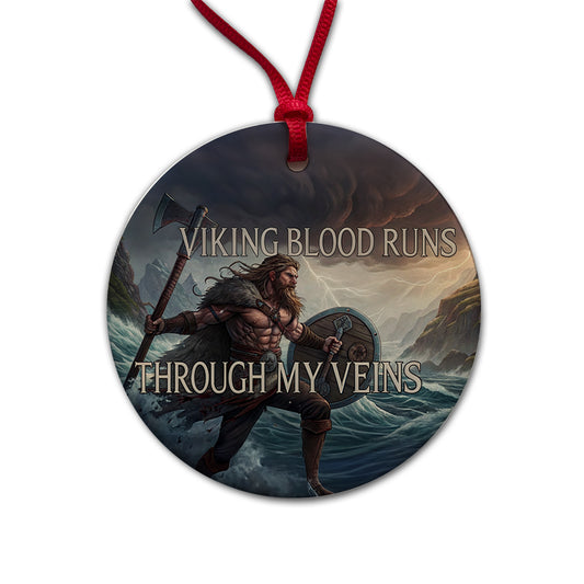Viking Blood Runs Through My Veins Scandinavian Norse Warrior Round Ceramic Holiday Christmas Tree Ornament