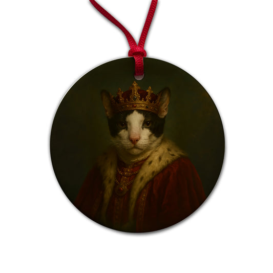 Vintage Cat King Fantasy Painting Round Ceramic Holiday Christmas Tree Ornament