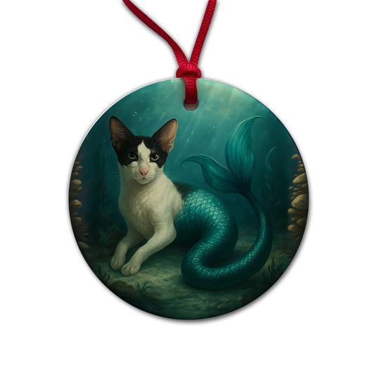 Vintage Oriental Shorthair Cat Mermaid Fantasy Painting Round Ceramic Holiday Christmas Tree Ornament