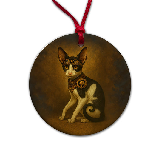 Vintage Steampunk Oriental Shorthair Cat Fantasy Painting Round Ceramic Holiday Christmas Tree Ornament