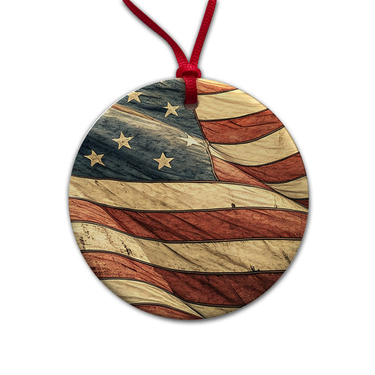 Waving Rustic American Flag Illustration Round Ceramic Holiday Christmas Tree Ornament