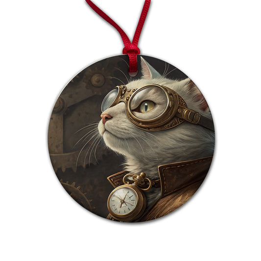 White Cat Steampunk Round Ceramic Holiday Christmas Tree Ornament
