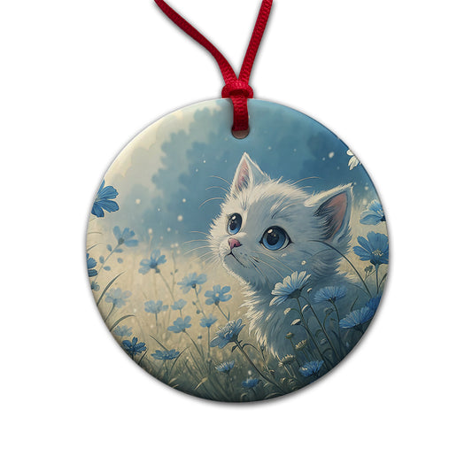 White Kitten in Field Of Blue Flowers Anime Style Round Ceramic Holiday Christmas Tree Ornament