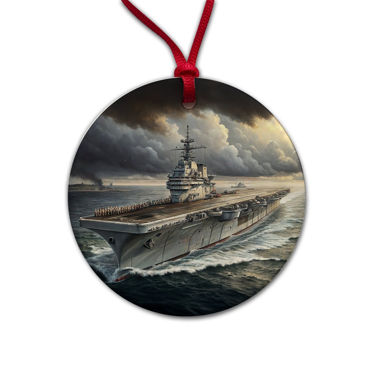World War 2 WWII Navy Aircraft Carrier At Sea Round Ceramic Holiday Christmas Tree Ornament