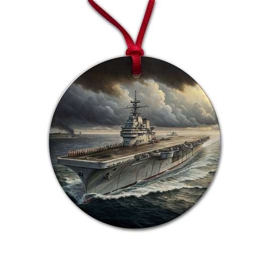 World War 2 WWII Navy Aircraft Carrier At Sea Round Ceramic Holiday Christmas Tree Ornament