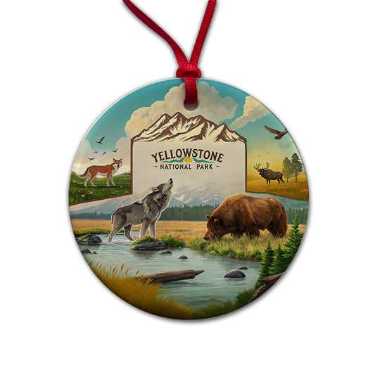 Yellowstone National Park Animals Round Ceramic Holiday Christmas Tree Ornament