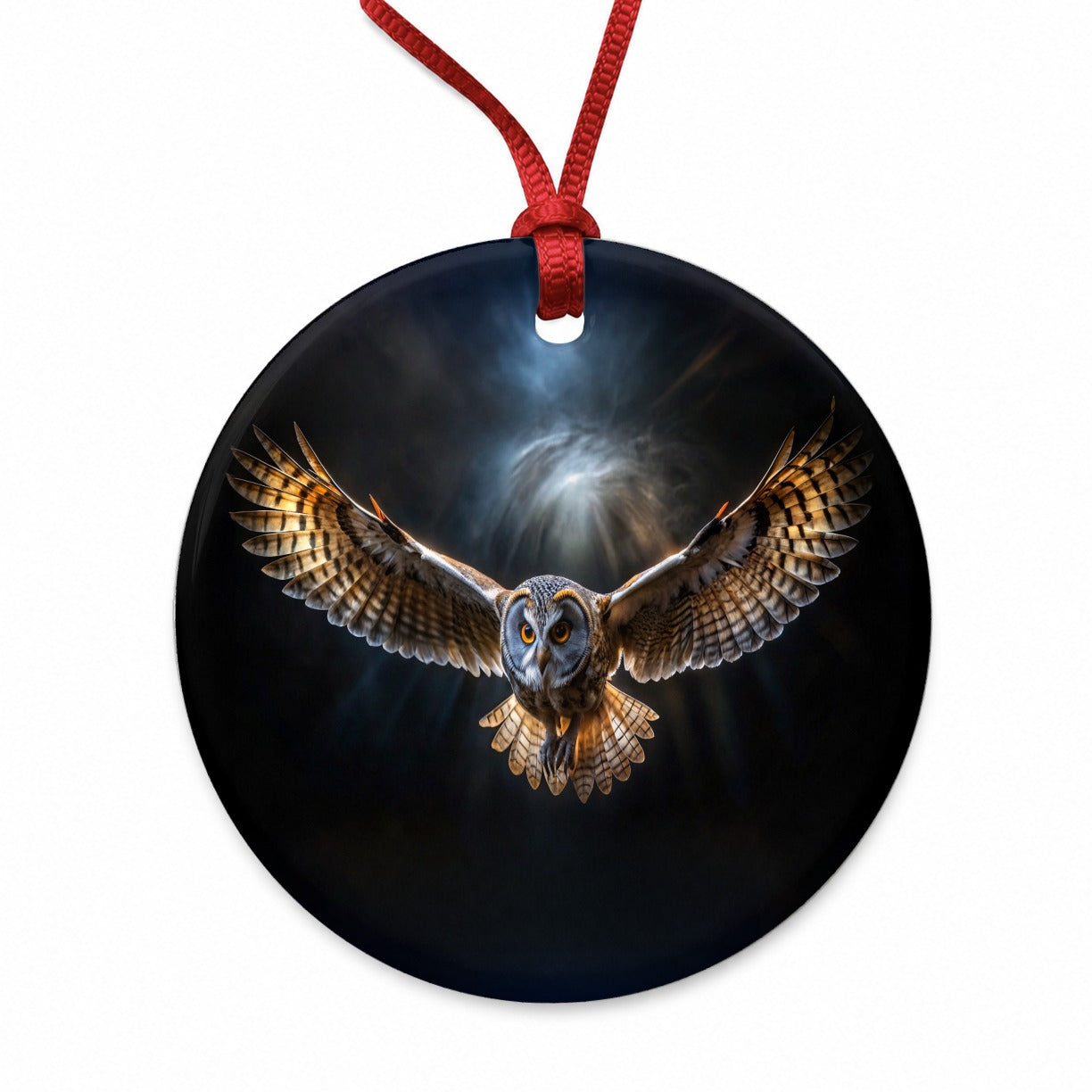 Barn Owl Flying At Night In The Dark Round Ceramic Holiday Christmas Tree Ornament