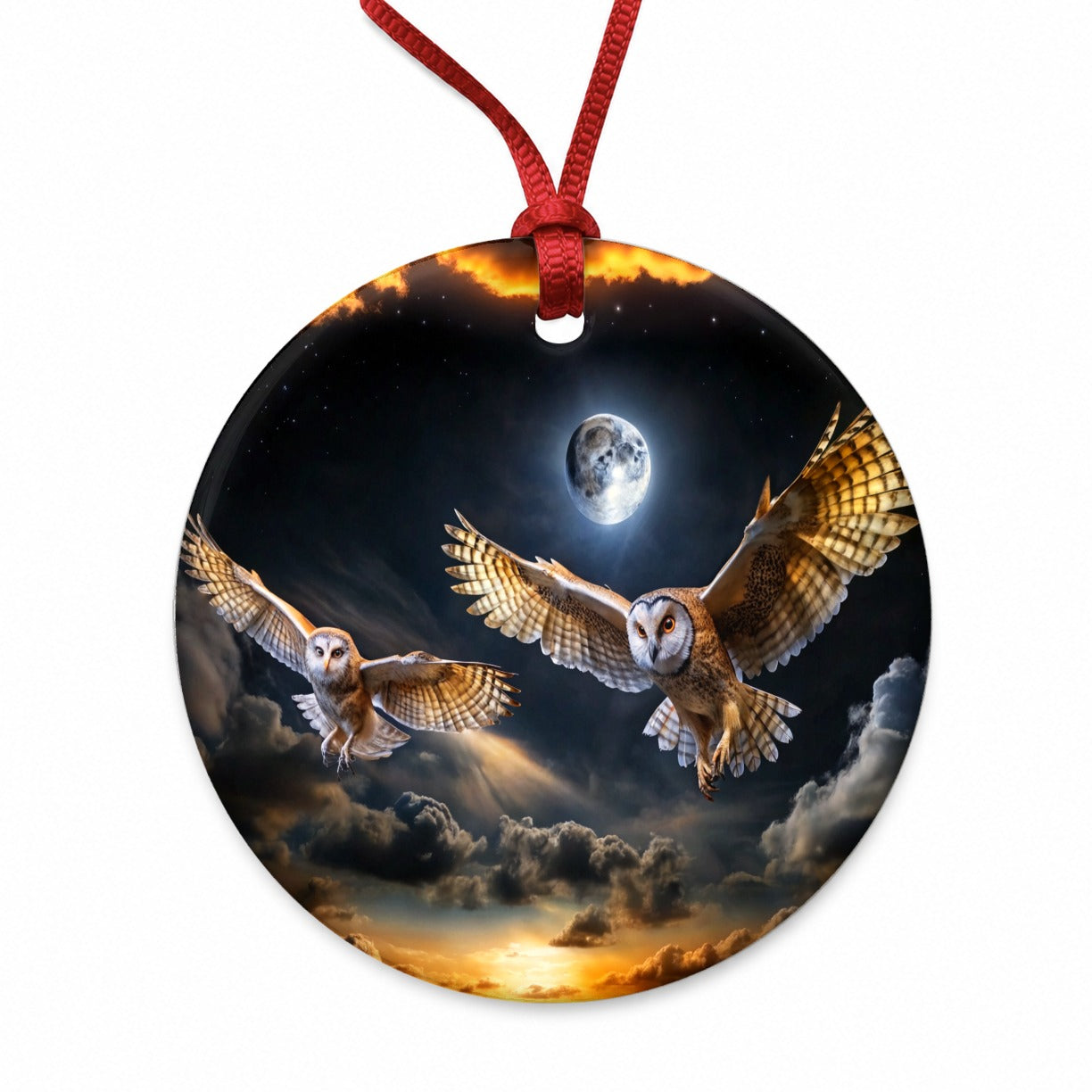 Barn Owls Flying At Night Round Ceramic Holiday Christmas Tree Ornament