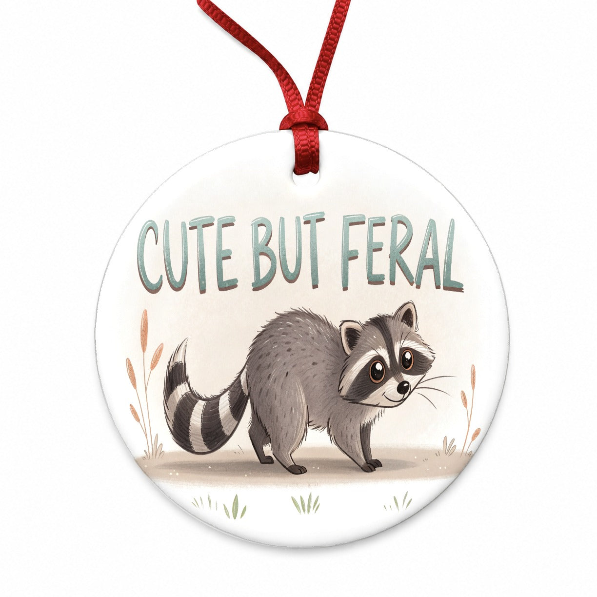 Cute But Feral Funny Raccoon Round Ceramic Holiday Christmas Tree Ornament