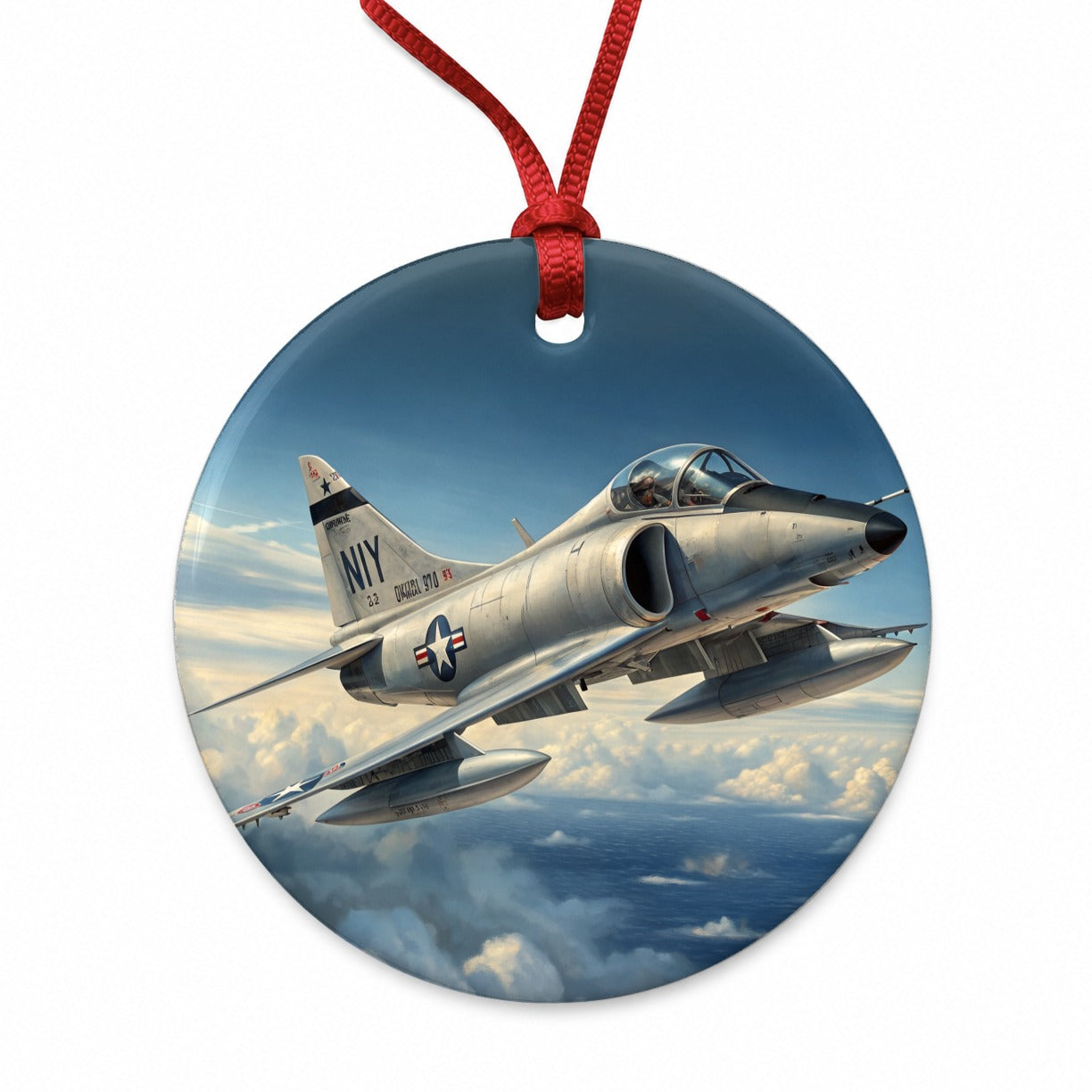 A-4 Skyhawk In Flight US Navy Vietnam Era Attack Aircraft Round Ceramic Holiday Christmas Tree Ornament