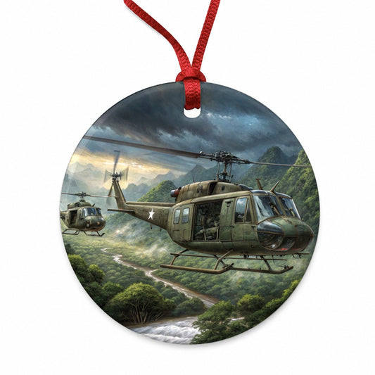 Bell UH-1 Iroquois Huey Helicopters Over Vietnam Round Ceramic Holiday Christmas Tree Ornament