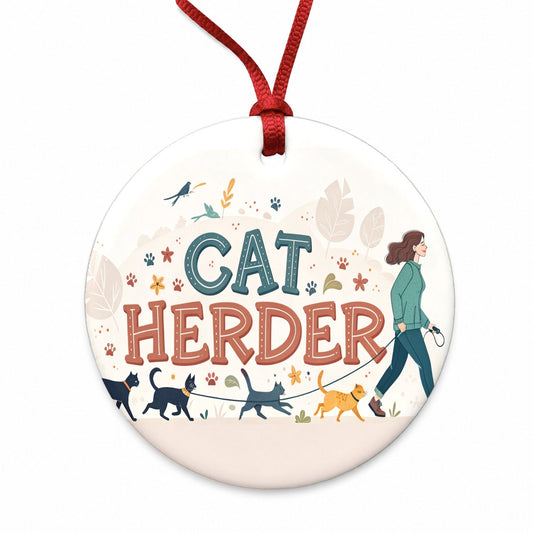 Cat Herder Herding Funny Round Ceramic Holiday Christmas Tree Ornament