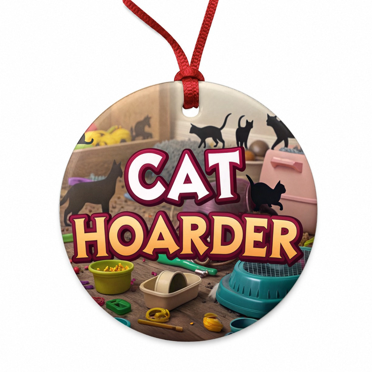 Cat Hoarder Funny Round Ceramic Holiday Christmas Tree Ornament