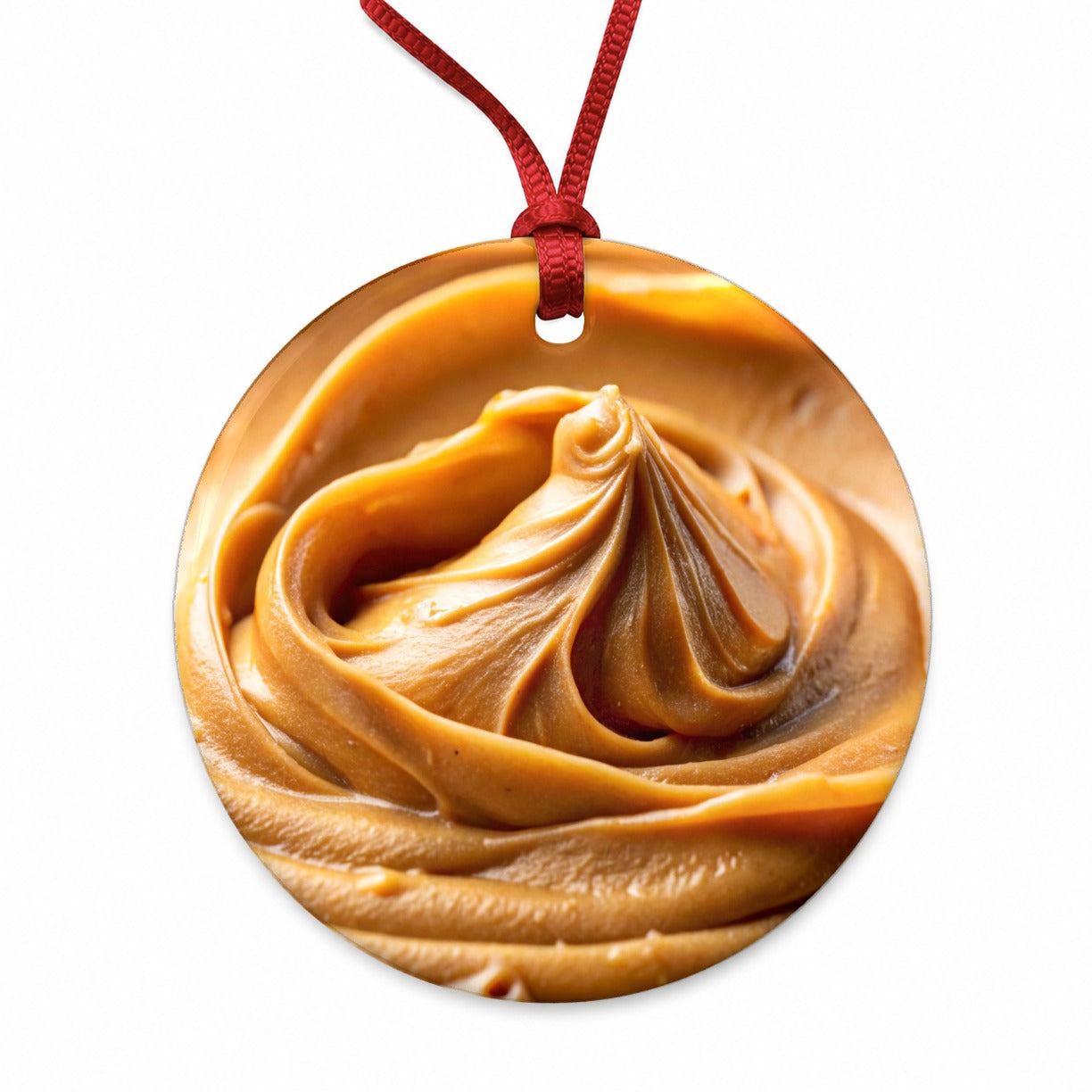 Close-up of Creamy Peanut Butter Round Ceramic Holiday Christmas Tree Ornament