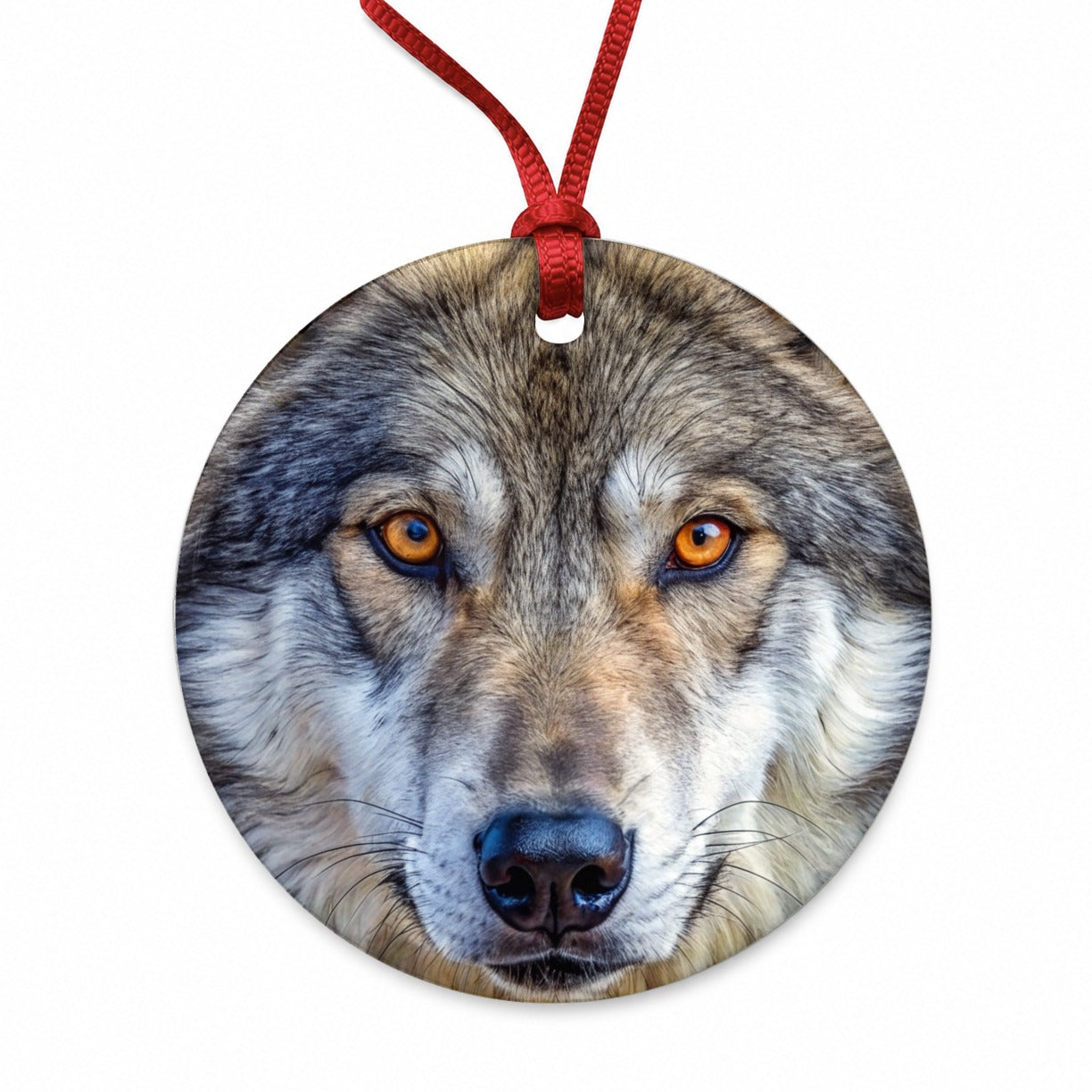 Close-up of Dire Wolf Face Round Ceramic Holiday Christmas Tree Ornament