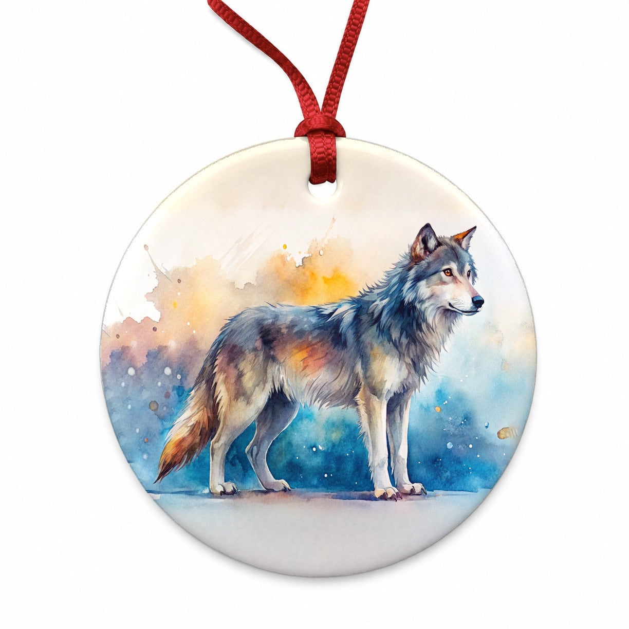 Dire Wolf Watercolor Round Ceramic Holiday Christmas Tree Ornament