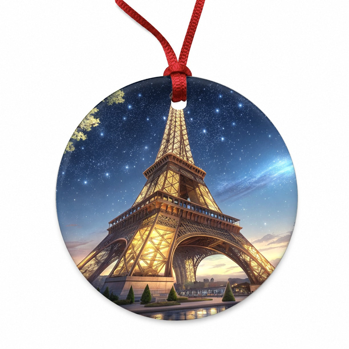 Eiffel Tower Paris At Night Illustration Round Ceramic Holiday Christmas Tree Ornament