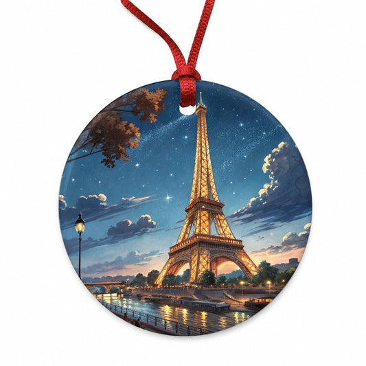Eiffel Tower Paris France Illustration Round Ceramic Holiday Christmas Tree Ornament