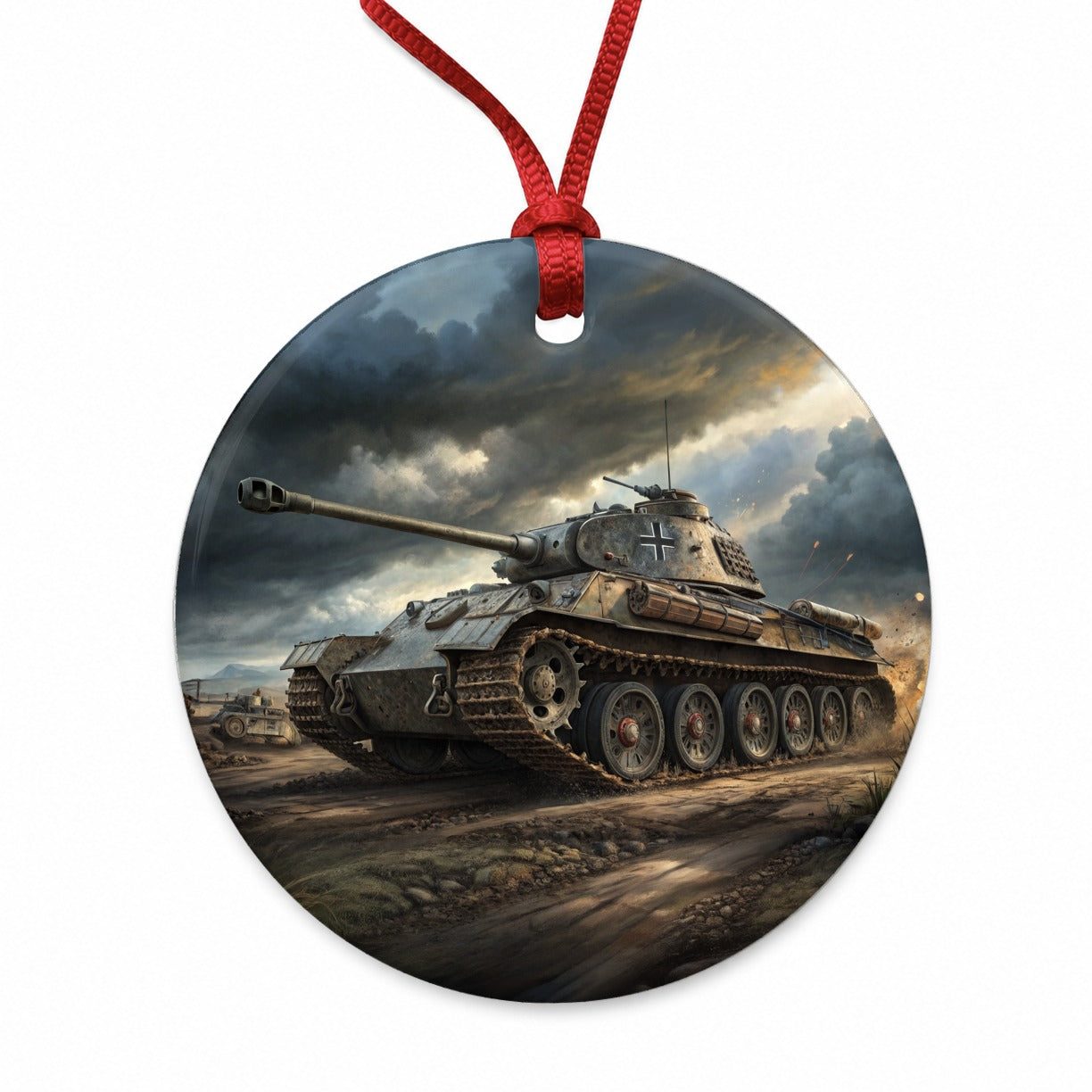 German Panther WWII Tank Round Ceramic Holiday Christmas Tree Ornament