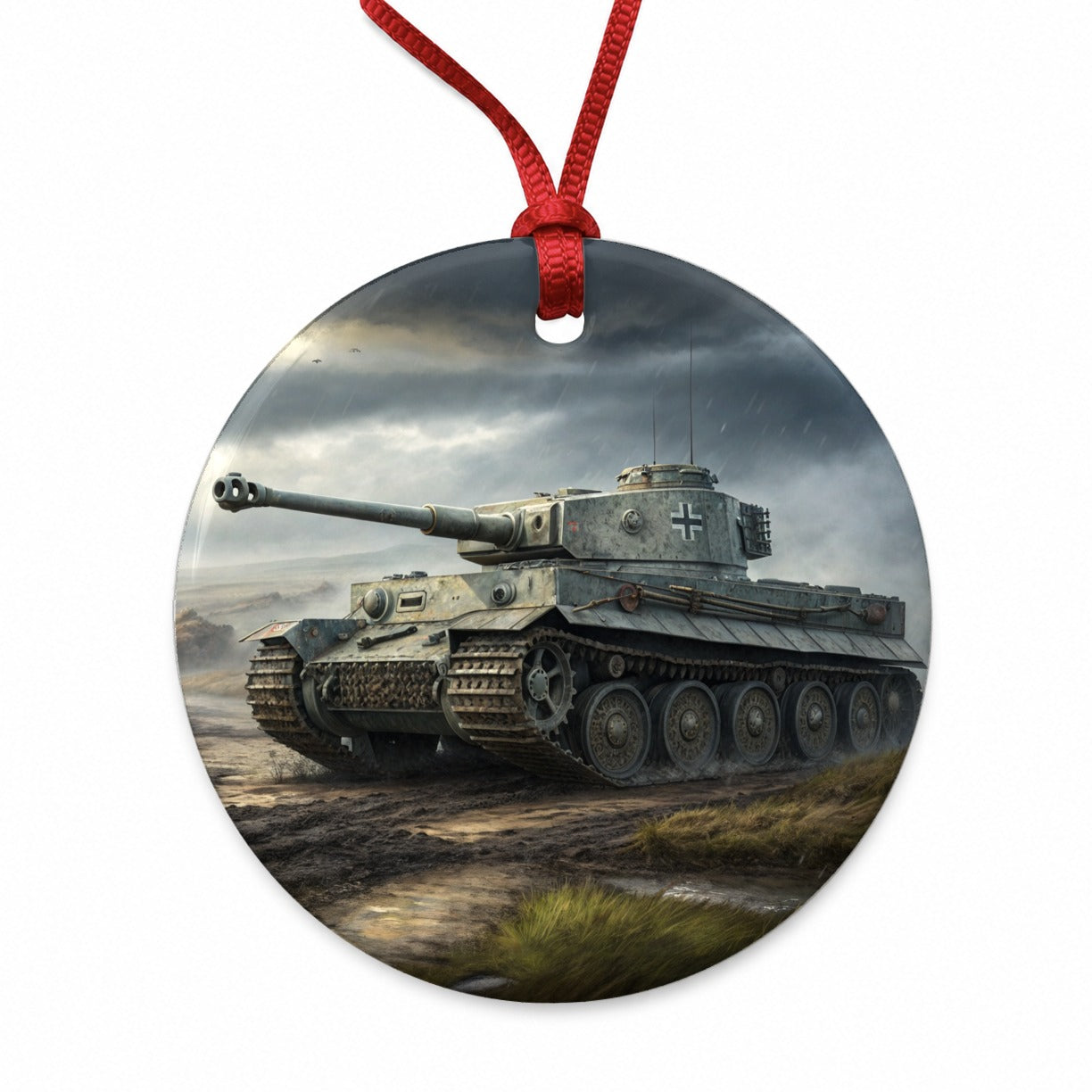 German Tiger WWII Tank Round Ceramic Holiday Christmas Tree Ornament