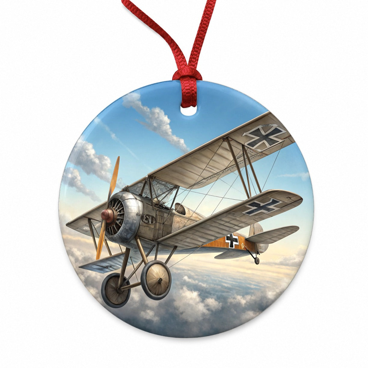 German WWI Biplane In Flight Round Ceramic Holiday Christmas Tree Ornament