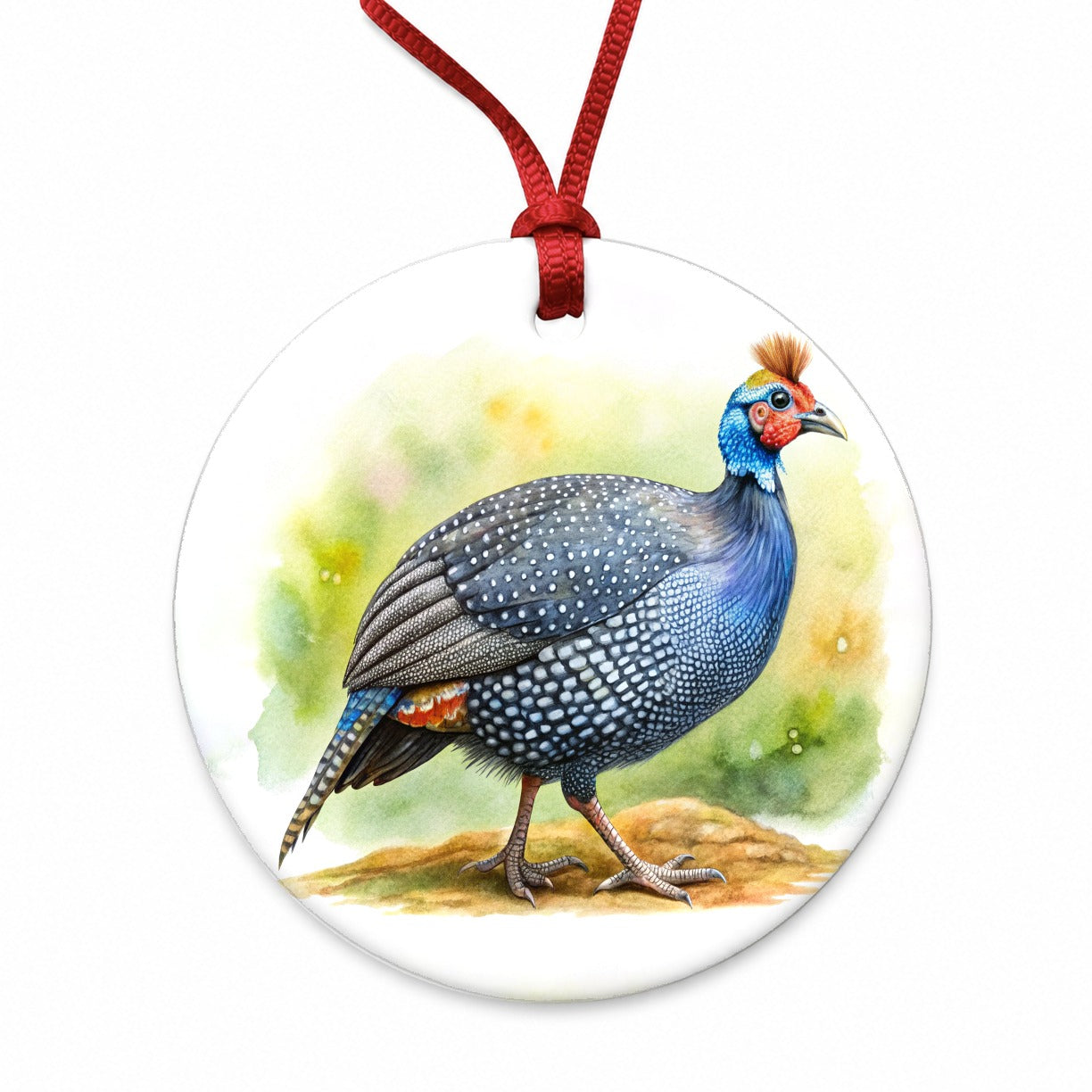 Guinea Fowl Colorful Watercolor Round Ceramic Holiday Christmas Tree Ornament