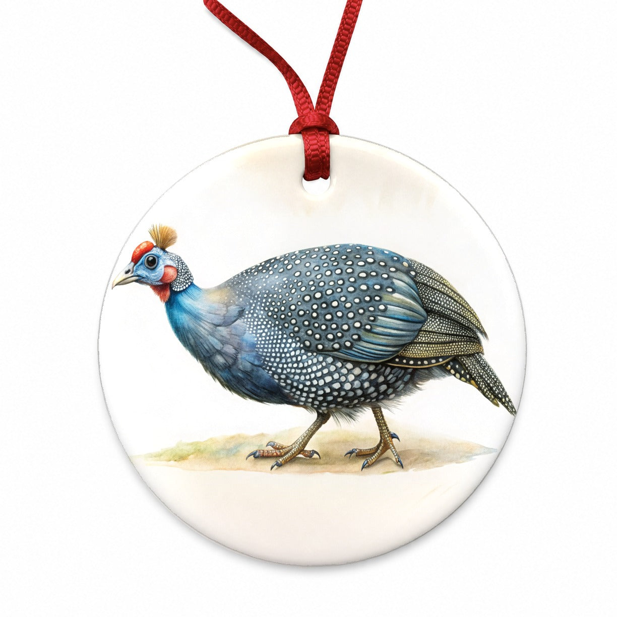 Guinea Fowl Watercolor Round Ceramic Holiday Christmas Tree Ornament