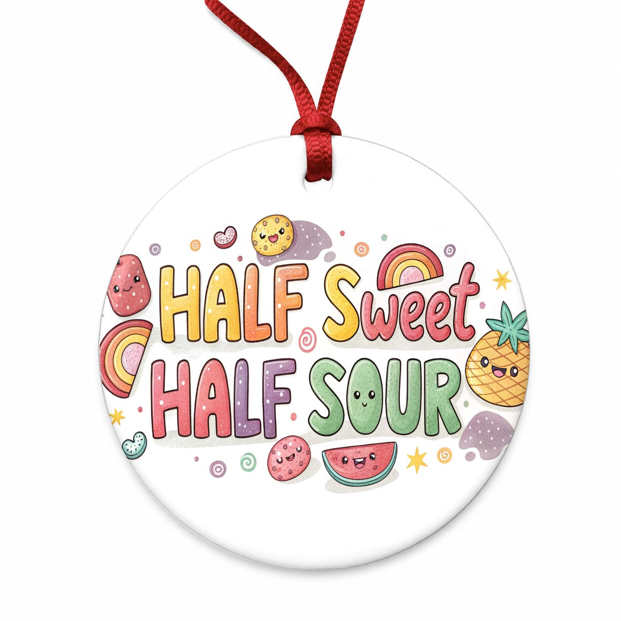 Half Sweet Half Sour Funny Candy Round Ceramic Holiday Christmas Tree Ornament