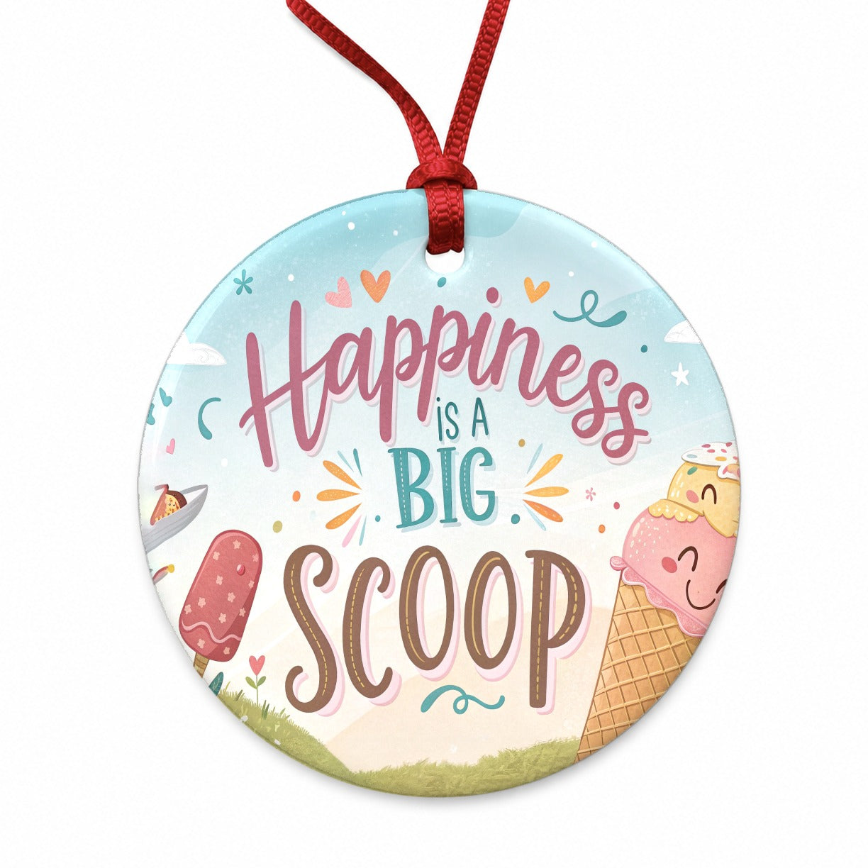Happiness Is A Big Scoop Ice Cream Funny Round Ceramic Holiday Christmas Tree Ornament