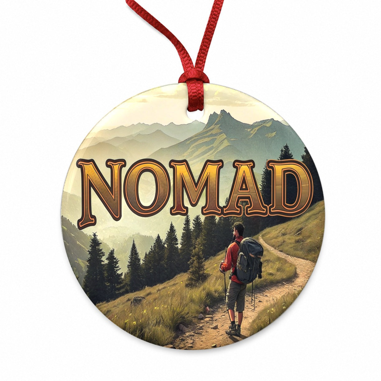 Hiking Nomad Funny Hiker in Wilderness Mountains Forest Round Ceramic Holiday Christmas Tree Ornament