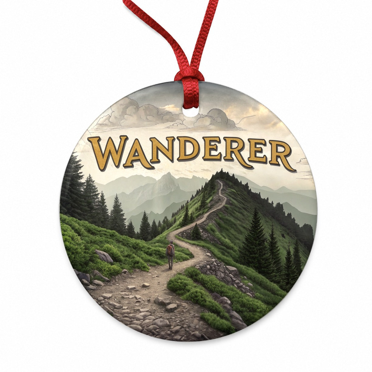 Hiking Wanderer Funny Wilderness Mountains Forest Round Ceramic Holiday Christmas Tree Ornament