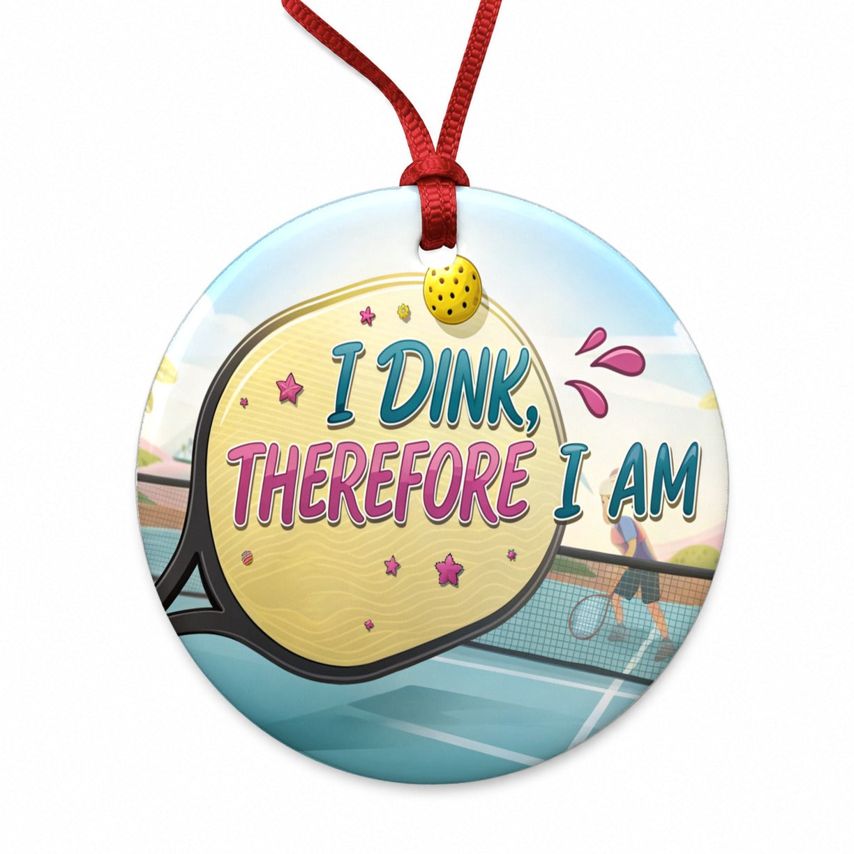 I Dink Therefore I Am Funny Pickleball Round Ceramic Holiday Christmas Tree Ornament