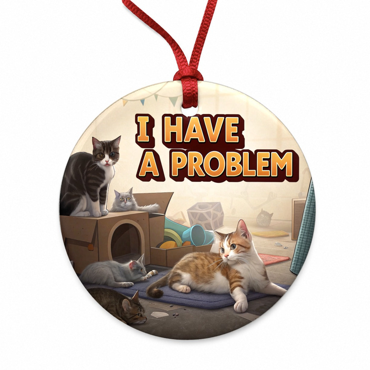 I Have A Problem Cat Hoarder Funny Round Ceramic Holiday Christmas Tree Ornament