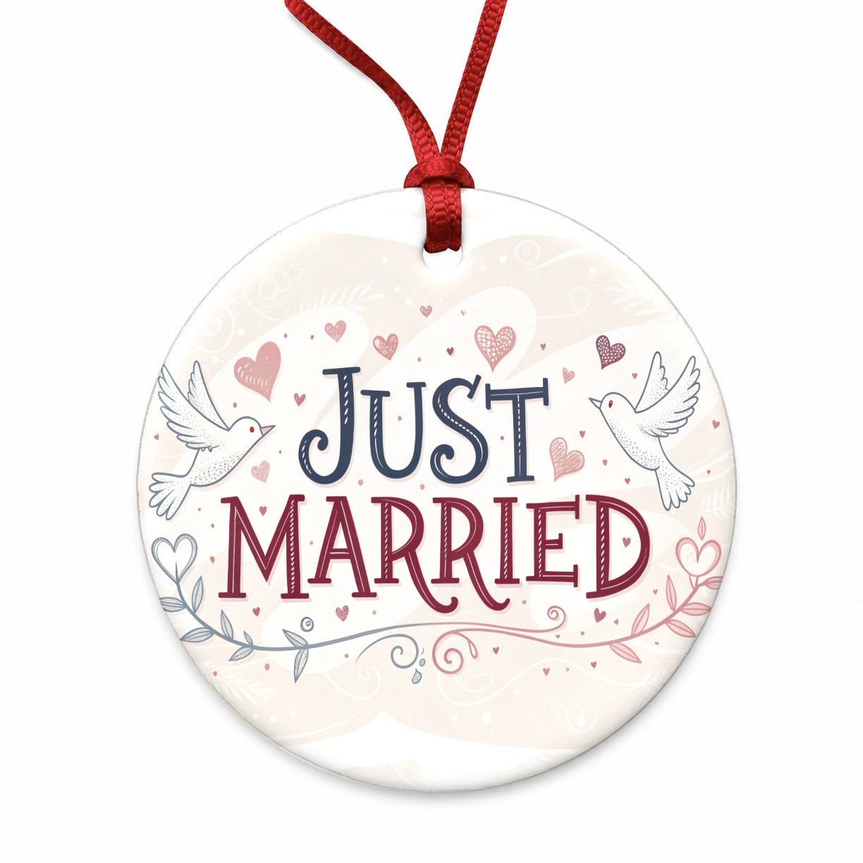 Just Married Doves Hearts Round Ceramic Holiday Christmas Tree Ornament