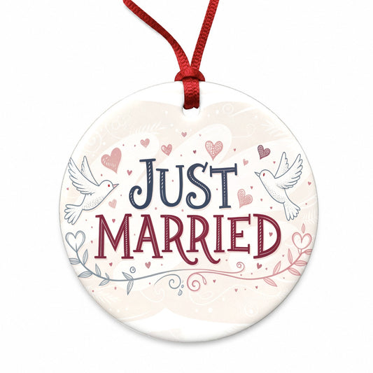 Just Married Doves Hearts Round Ceramic Holiday Christmas Tree Ornament