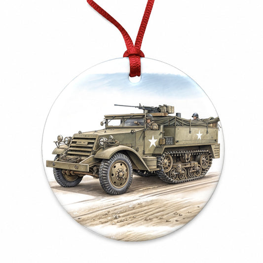 M3 Half-Track WWII Armored Personnel Carrier Round Ceramic Holiday Christmas Tree Ornament