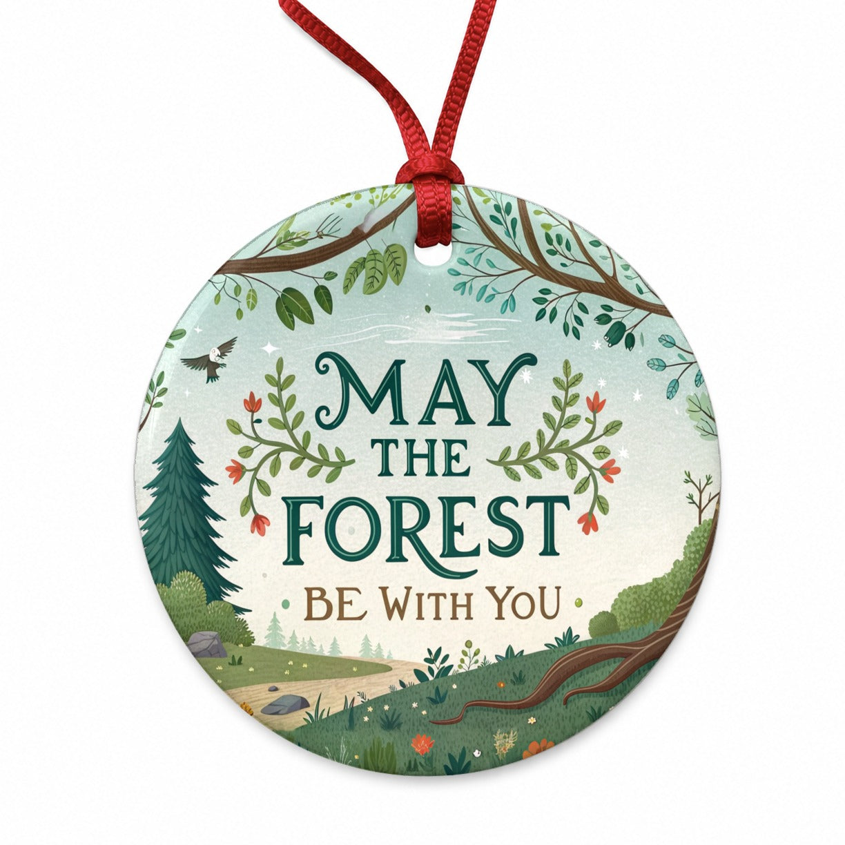 May The Forest Be With You Funny Hiking Camping Round Ceramic Holiday Christmas Tree Ornament