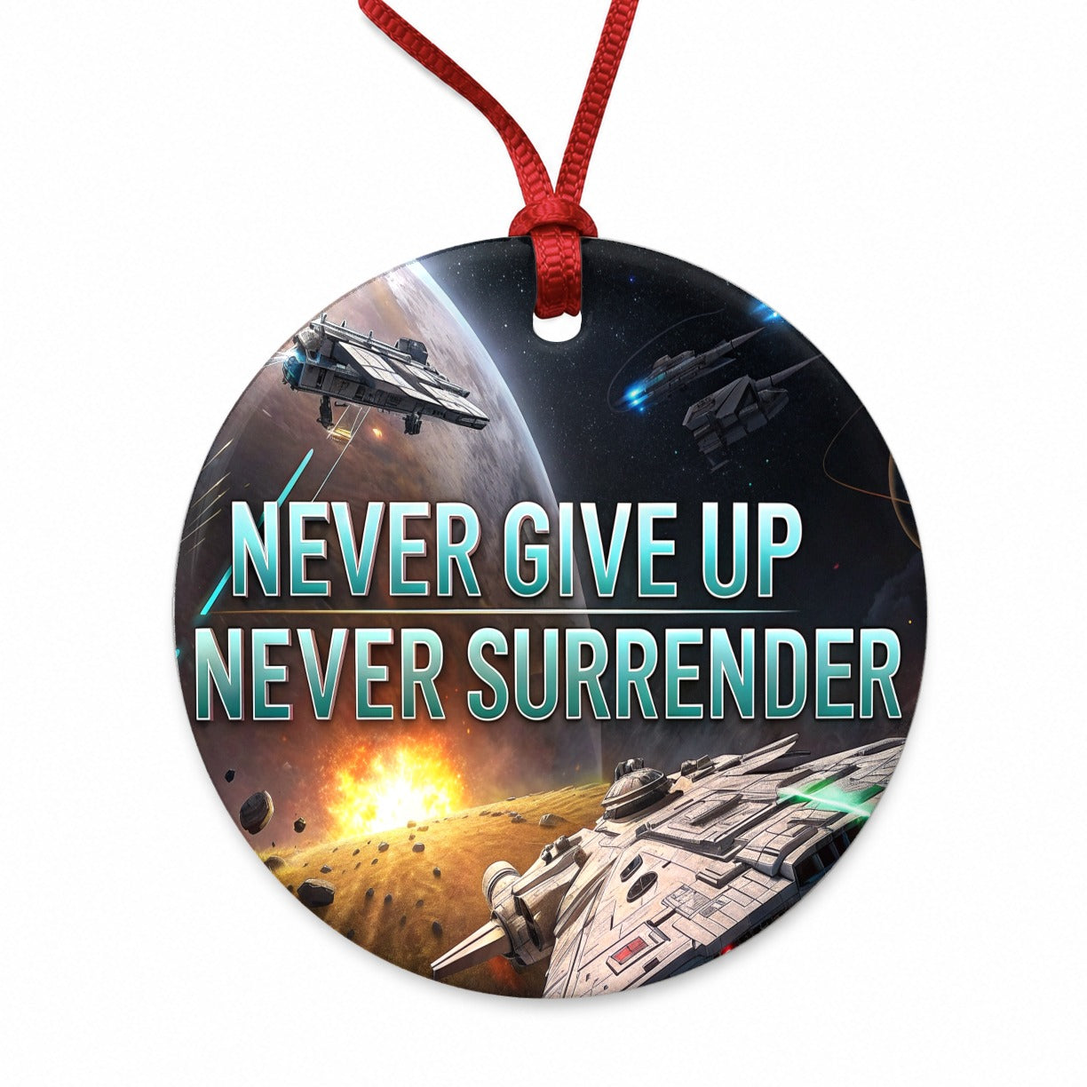 Never Give Up Never Surrender Inspirational Sci-Fi Space Round Ceramic Holiday Christmas Tree Ornament