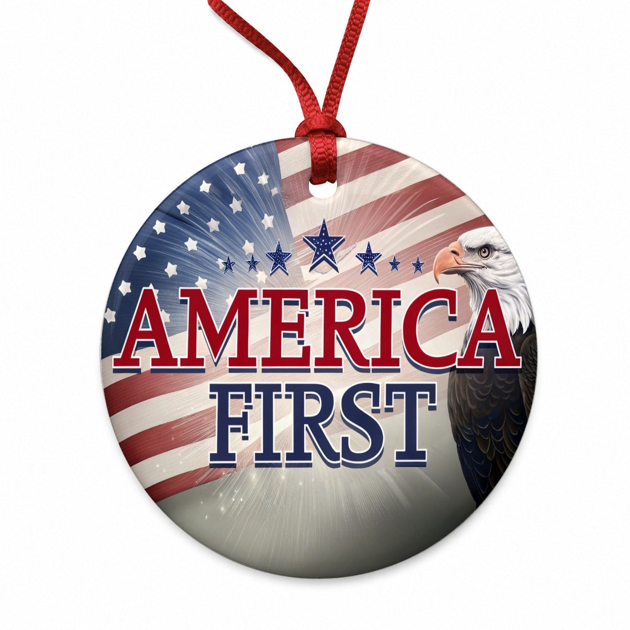 Patriotic America USA American Flag Bald Eagle Round Ceramic Holiday Christmas Tree Ornament