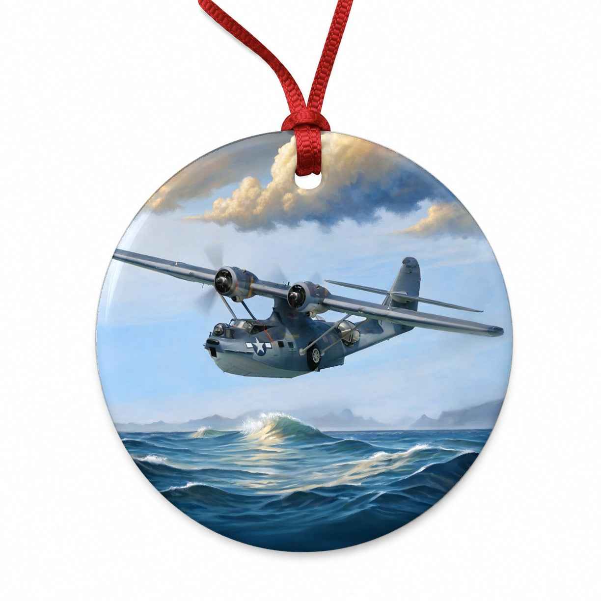 PBY Catalina Seaplane United States Navy Search Rescue WWII Round Ceramic Holiday Christmas Tree Ornament