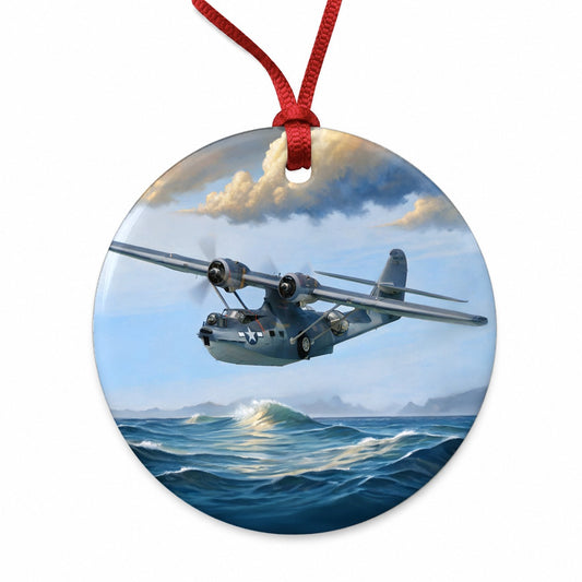 PBY Catalina Seaplane United States Navy Search Rescue WWII Round Ceramic Holiday Christmas Tree Ornament
