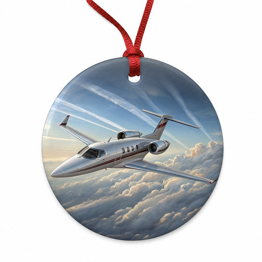 Private Jet In Flight Round Ceramic Holiday Christmas Tree Ornament