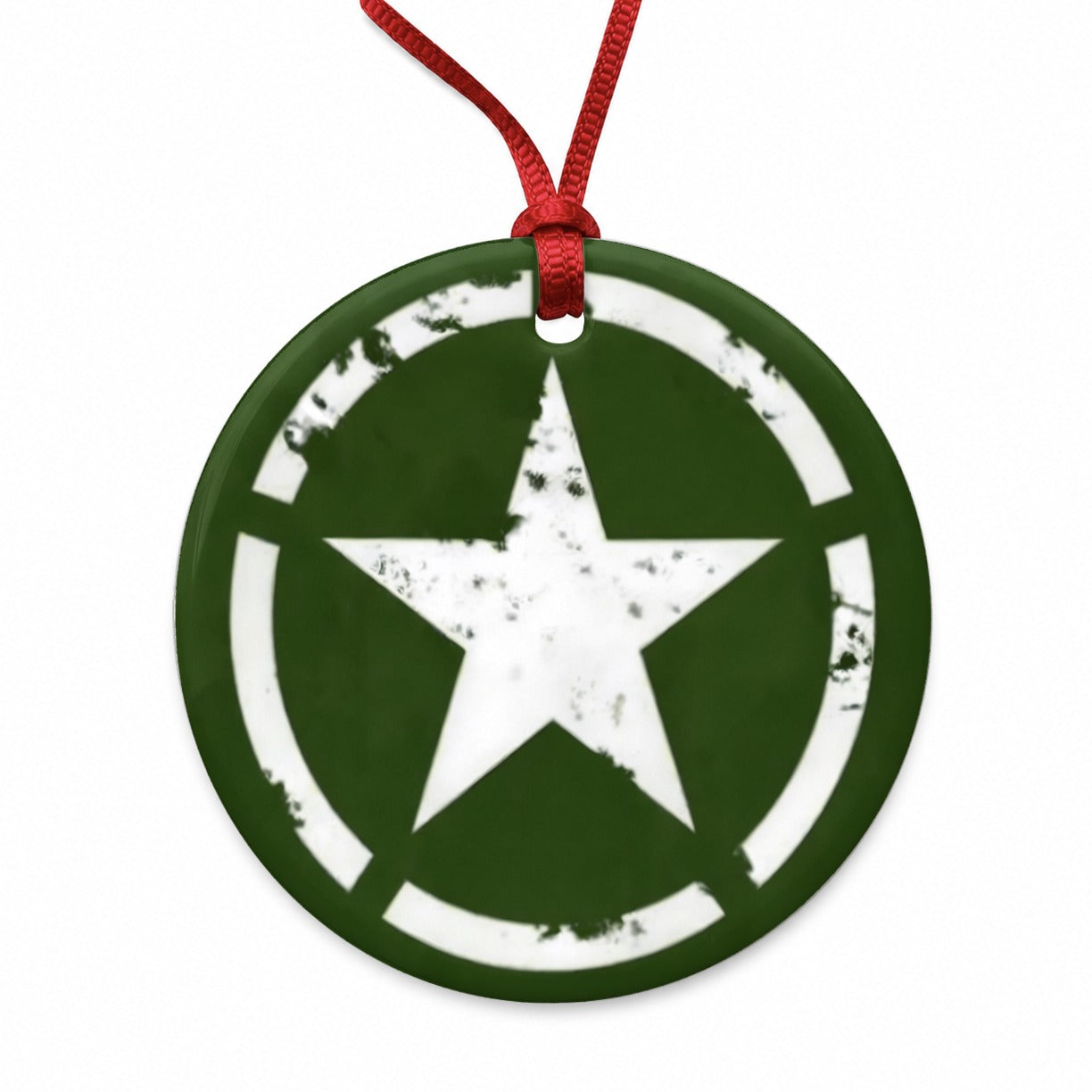 Rustic White Army Star On Olive Green Round Ceramic Holiday Christmas Tree Ornament