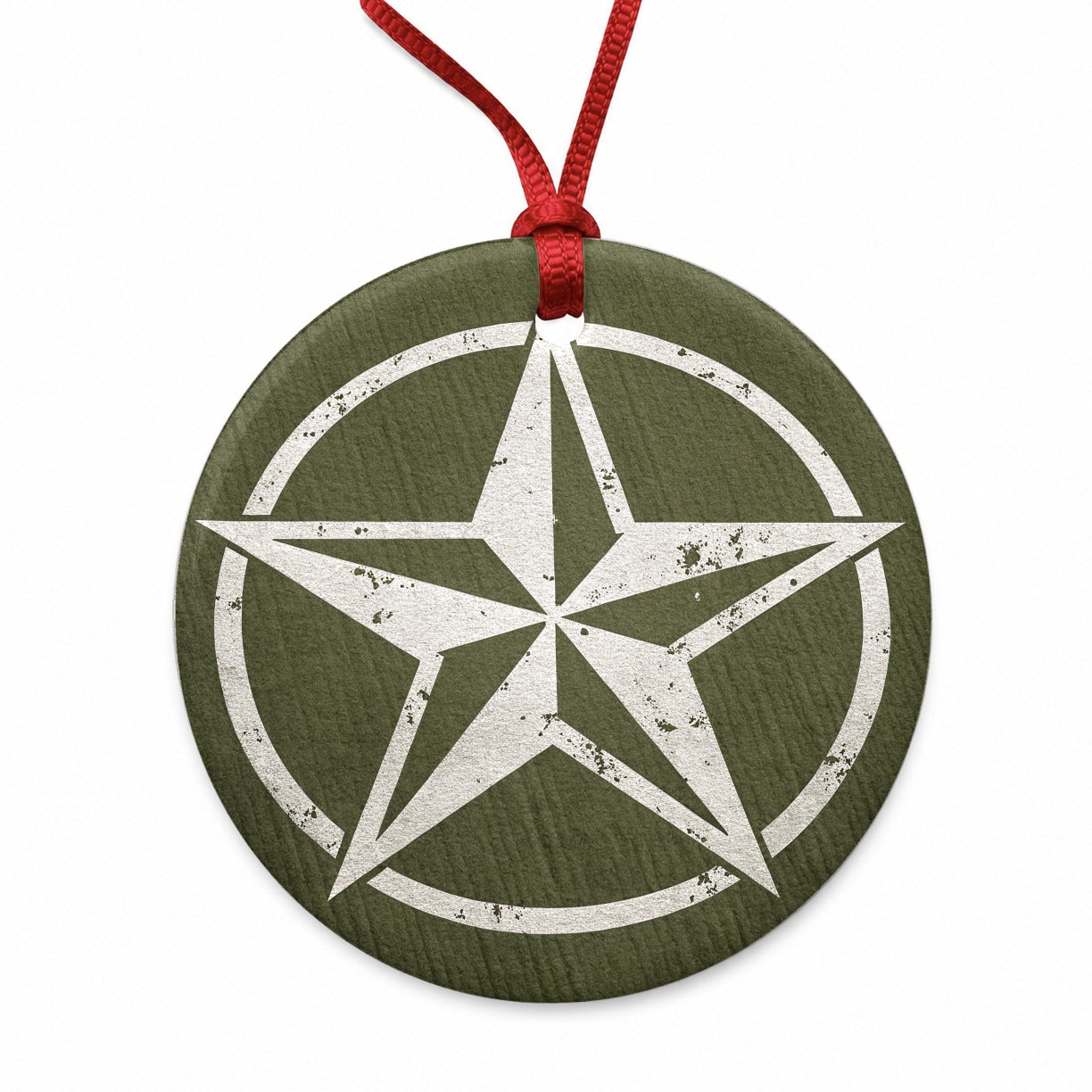 Rustic White Military Army Compass Star Round Ceramic Holiday Christmas Tree Ornament