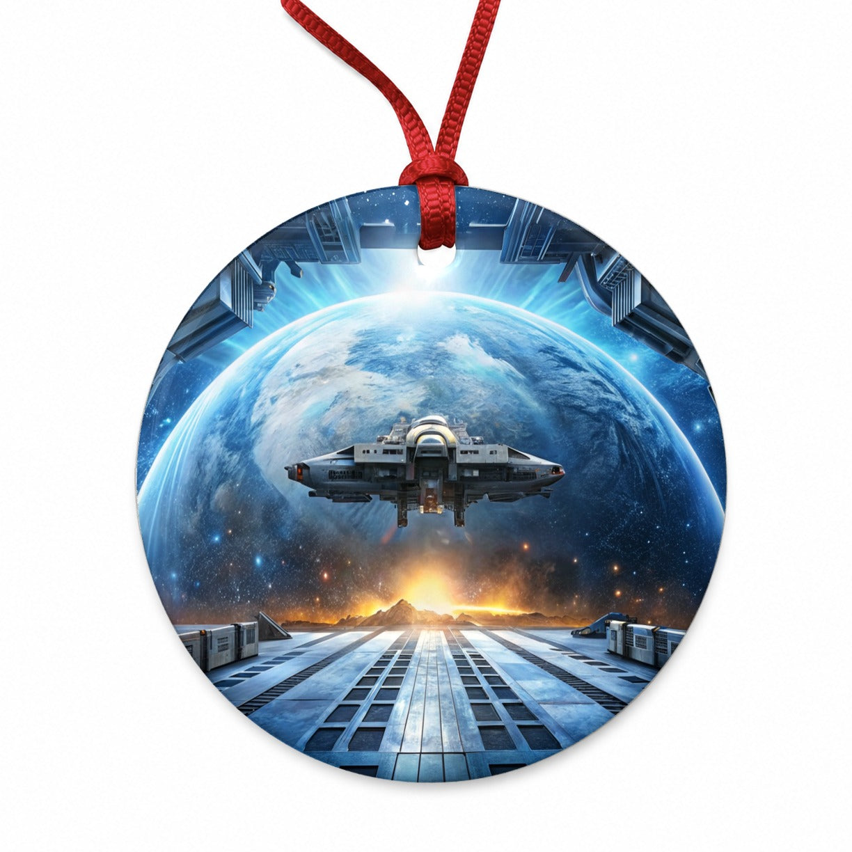 Spaceship Entering Station Spacedock Round Ceramic Holiday Christmas Tree Ornament